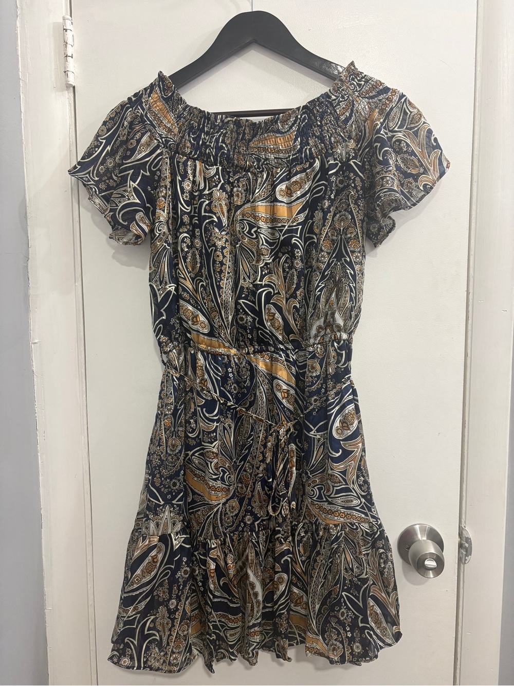 Navy Paisley Off-Shoulder Dress with Gold Accents